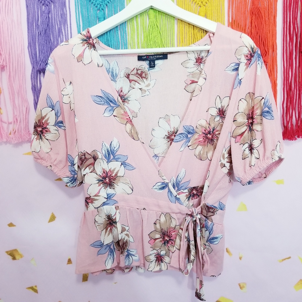 Boho Floral Tropical Side Tie Wrap Blouse Top